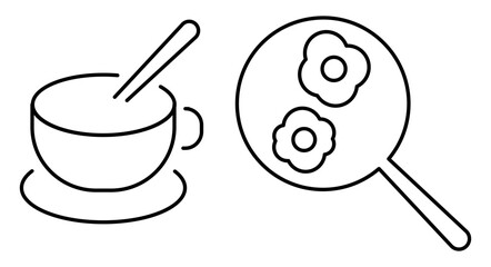Fried eggs and coffee. Breakfast, cafe. Cup, frying pan. Line icon. Flat vector illustration isolated on white background.