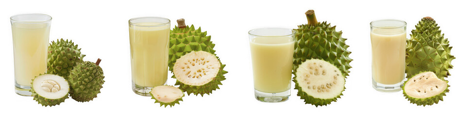 Soursop fruit and juice in glass isolated on transparent background