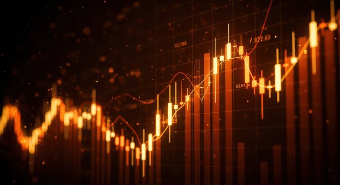 Abstract orange financial stock market chart with candlestick bars and line graph showing trends