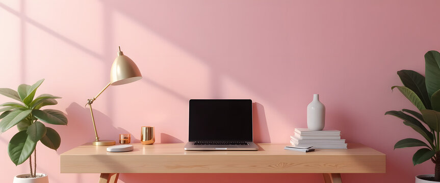 Minimalist Home Office Desk with Laptop and Pink Wall Modern Workspace Setup