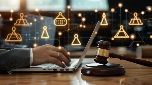 Image depicts person using laptop with gavel nearby, symbolizing digital transformation legal sector, use technology in legal proceedings, practices
