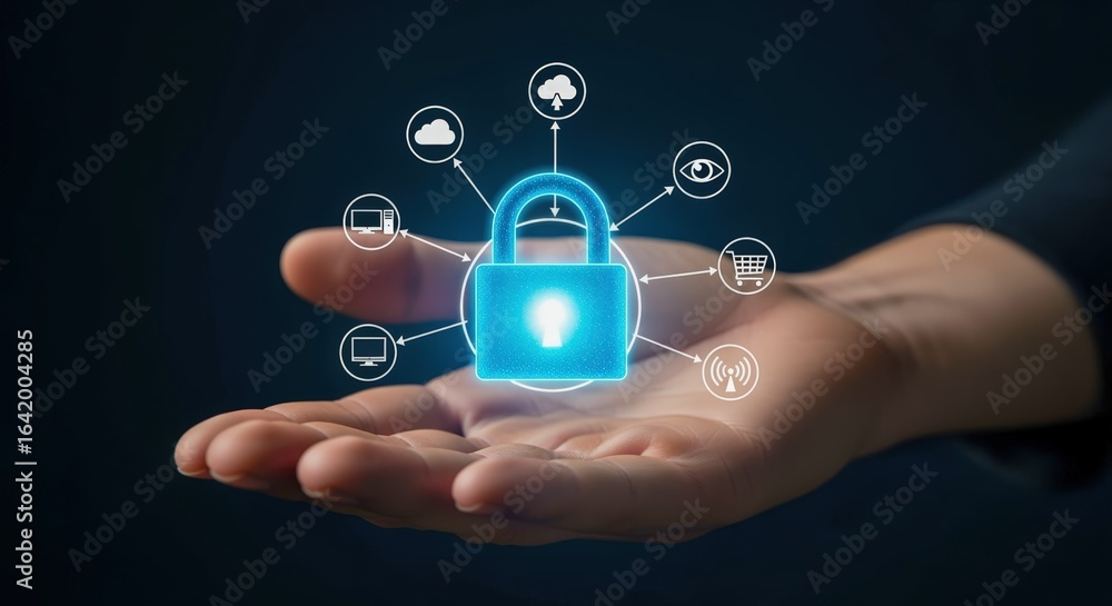 Aufkleber cybersecurity protection displayed as a hologram above a hand against a dark background in a studio 