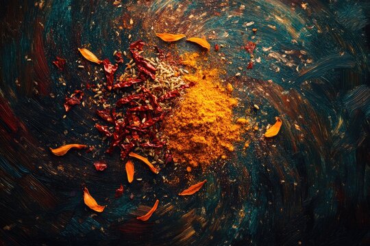 Aromatic spices, including turmeric powder, dried chilies, and cumin seeds, are artfully arranged on a dark background.