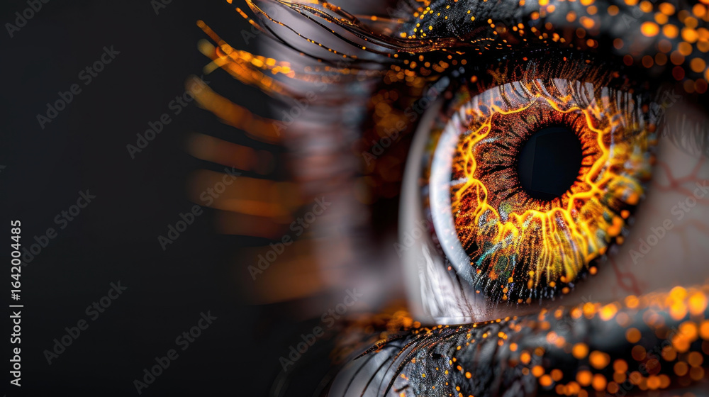 Aufkleber close up view of human eye featuring vibrant, fiery patterns and glowing elements, creating striking