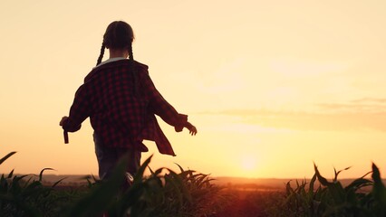 silhouette child farmer daughter runs playing field sunset, agriculture, playing airplane pilot...