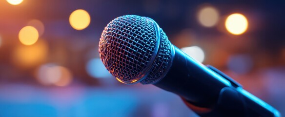 The microphone poised for a vibrant live performance in artistic lighting.