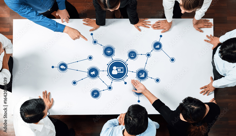 Poster a diverse business team collaborates on innovative marketing strategies using visual data in a moder