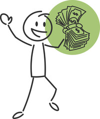 Illustration of a happy stick figure holding a large amount of money