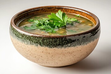 A bowl of lentil soup garnished with fresh parsley, a healthy and comforting meal.