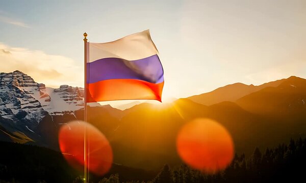 Russian Flag Waving at Mountain Sunrise