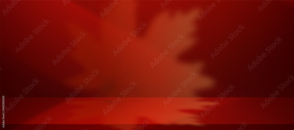 Poster red autumn background.studio room with shadow leaf on red wall and floor.empty podium display for pr