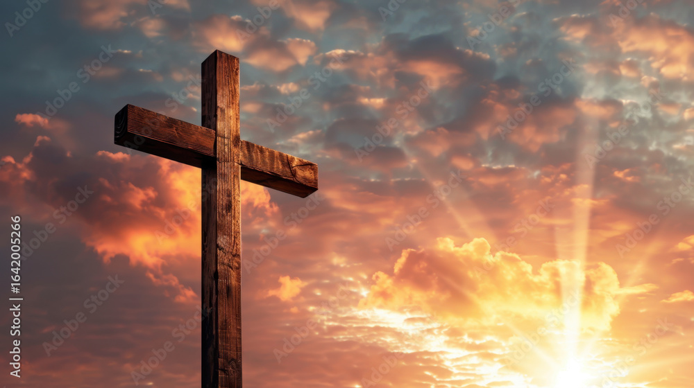 Poster wooden cross stands tall against backdrop of vibrant clouds illuminated by soft rays of sunlight, cr