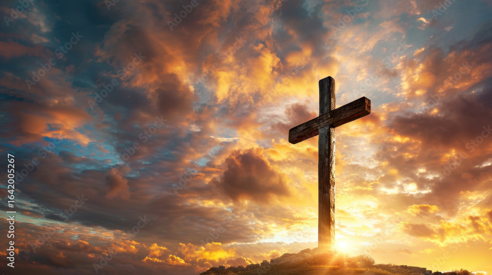 Poster wooden cross stands majestically against backdrop of vibrant clouds illuminated by warm glow of sett