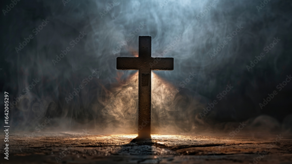 Poster cross silhouette emerges from misty atmosphere, illuminated by soft light rays, creating serene and 