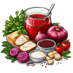 set of products for making borscht. healthy beet soup, vegetarianism, illustration