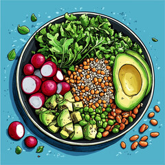 vector image of a plate with vegetables. illustration of healthy food. vegetarian breakfast.