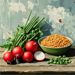 vegetables and herbs are on the table, a set of healthy food, vector image, illustration