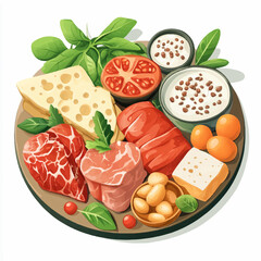 a plate with various food items. meat, vegetables, herbs, fruits, cheese, and nuts. vector image