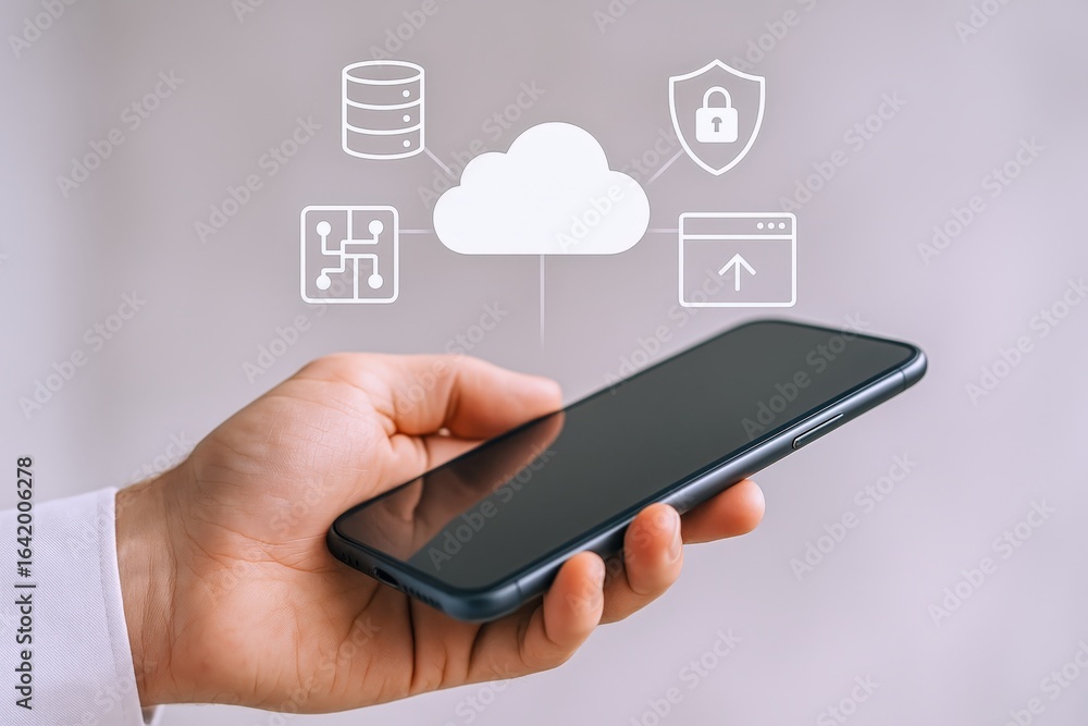 Aufkleber cloud computing concept: man holding smartphone with data security and network infrastructure visual
