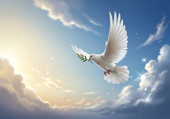 Fototapeta premium A majestic white dove with an olive branch soars gracefully through a sunlit sky filled with fluffy clouds