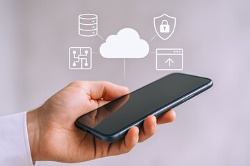 Cloud Computing Concept: Man Holding Smartphone with Data Security and Network Infrastructure Visualization, Cloud Technology
