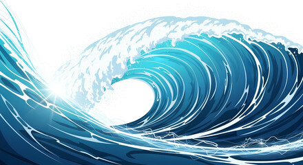 Obraz premium Illustration of ocean energy wave, stylized sea wave with energy effect, mix of blue, turquoise and white shades, dynamic angle and bright glare