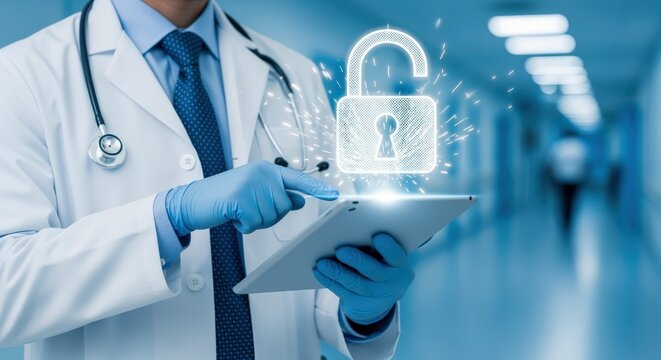 Doctor using tablet with digital lock security icon, healthcare data privacy, and cybersecurity solutions