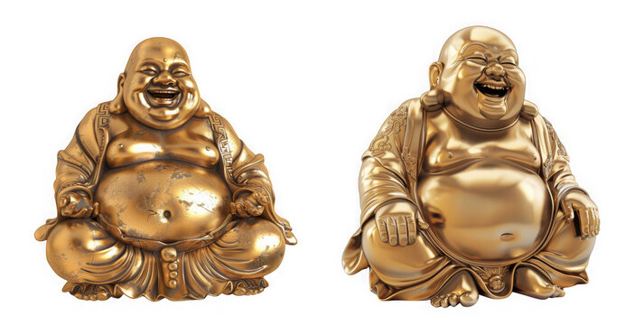Two golden laughing buddha statues sitting in meditation pose, isolated on transparent background