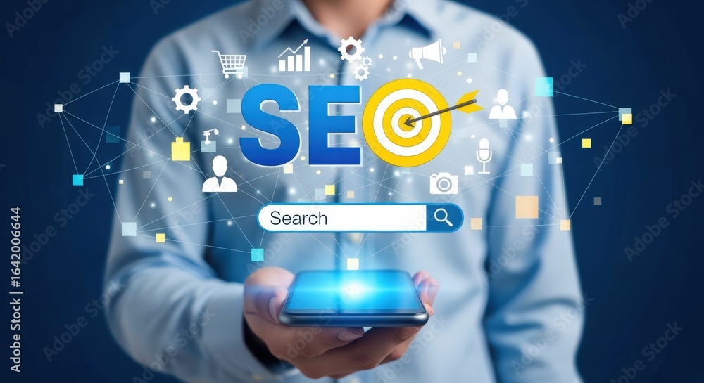 Aufkleber seo strategy concept: man holding smartphone displaying search engine optimization data and digital 