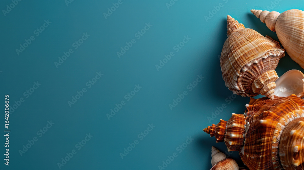 Poster seashells arranged in flat lay style on vibrant blue background create serene and natural aesthetic.
