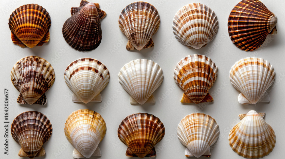Poster beautiful seashells arranged in flat lay style showcase intricate patterns and colors, evoking sense