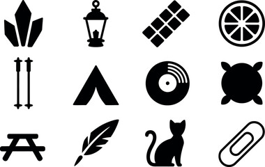 Bold Black Glyph Icons: Camping, Nature, Music, and More