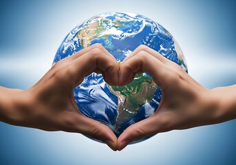 Hands forming a heart shape around a vibrant earth globe symbolizing global love and care for our planet