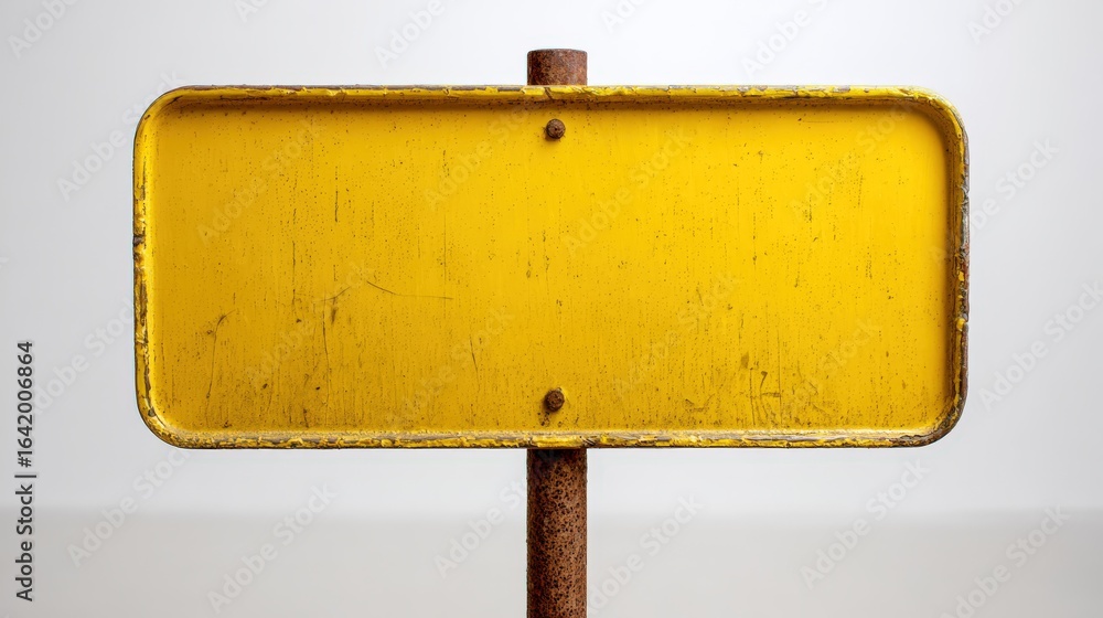 Poster blank yellow sign on rusty pole: advertisement space for custom text and graphics