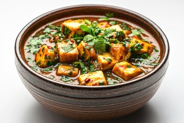 A bowl of Paneer Saag, a flavorful Indian dish featuring cubes of paneer cheese in a spinach-based curry.