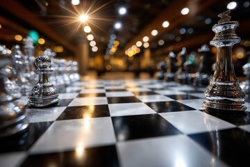 Reflective Chess Pieces On Polished Board Dramatic Lighting