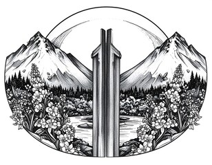 Monochrome mountain landscape illustration