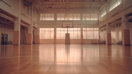 Indoor Basketball Court with Wooden Floor, Natural Light and Hoop, Empty Gymnasium for Sports Activities