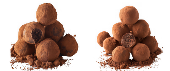 Pile of chocolate truffles dusted with cocoa powder, isolated on transparent background