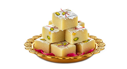 Indian Gujarati traditional sweet Mava burfi, barfi or milk powder barfi mithai in golden dish, garnish with pistachio, silver foil, saffron, rose petal isolated, cutout in transparent background, png