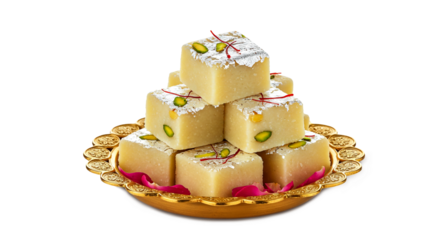 Indian Gujarati traditional sweet Mava burfi, barfi or milk powder barfi mithai in golden dish, garnish with pistachio, silver foil, saffron, rose petal isolated, cutout in transparent background, png