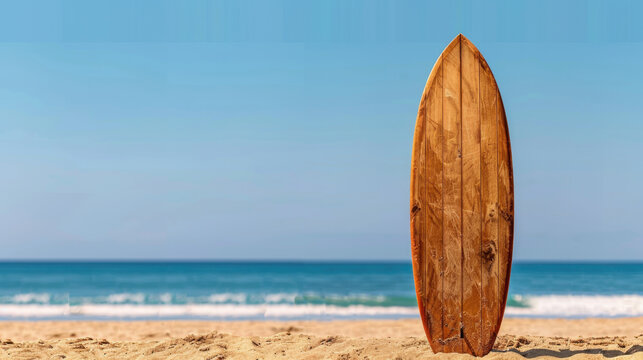 Wooden surfboard stands on sandy beach, with clear blue sky and gentle waves in background, evoking sense of tranquility and adventure