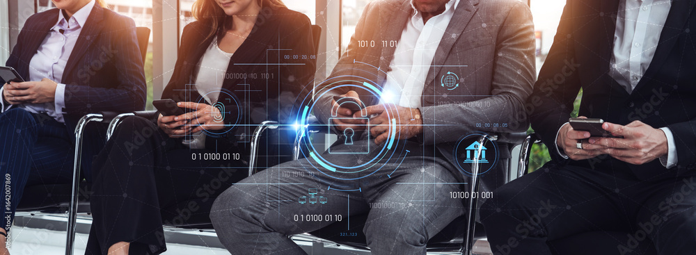 Poster cybersecurity system interface with biometric lock and data protection. cybersecurity protects acces