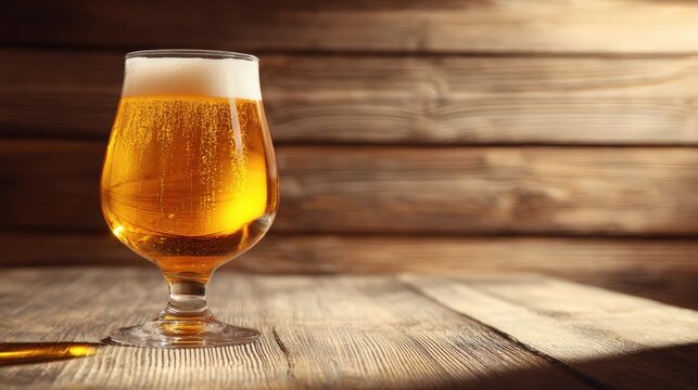 Refreshing Golden Beer in a Glass on Rustic Wooden Table Background Perfect for Brewery or Pub Advertisement