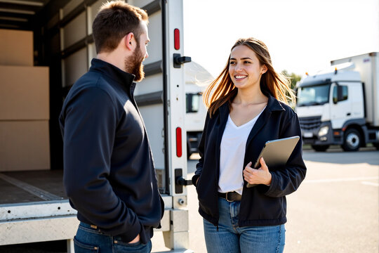 Female manager with a tablet discusses logistics with a delivery driver standing at the open back of a truck full of cardboard boxes for a moving or shipping service