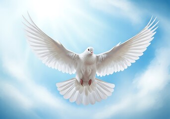 Obraz premium A majestic white dove soars gracefully through a radiant blue sky with soft wispy clouds