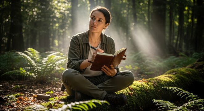 Female writer reflecting in sunlit forest clearing with notebook