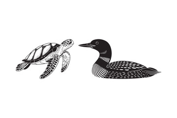 Artistic illustration of a sea turtle and a loon