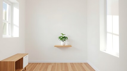 Fototapeta premium Minimalist wooden office corner with white walls and a single potted plant, bathed in natural light for a clean modern look.
