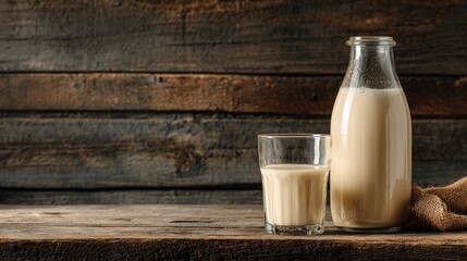A glass and bottle of creamy milk sit on a rustic wooden table against a wood background Healthy dairy product